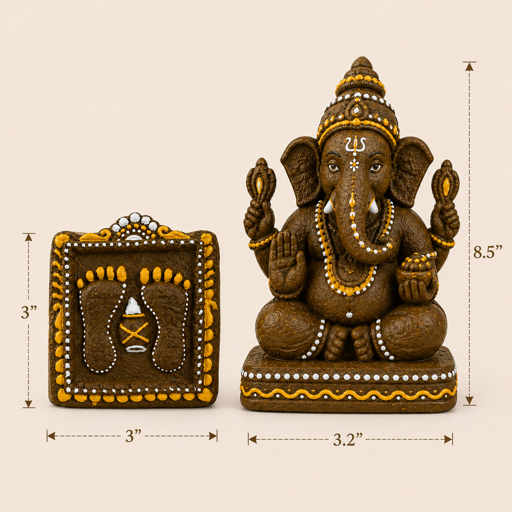 Prithvirooh Gomay Ganesha Idol (8.5") & Lakshmi Charan Paduka (3×3") Combo | Handcrafted Eco-Friendly Spiritual Gift Set