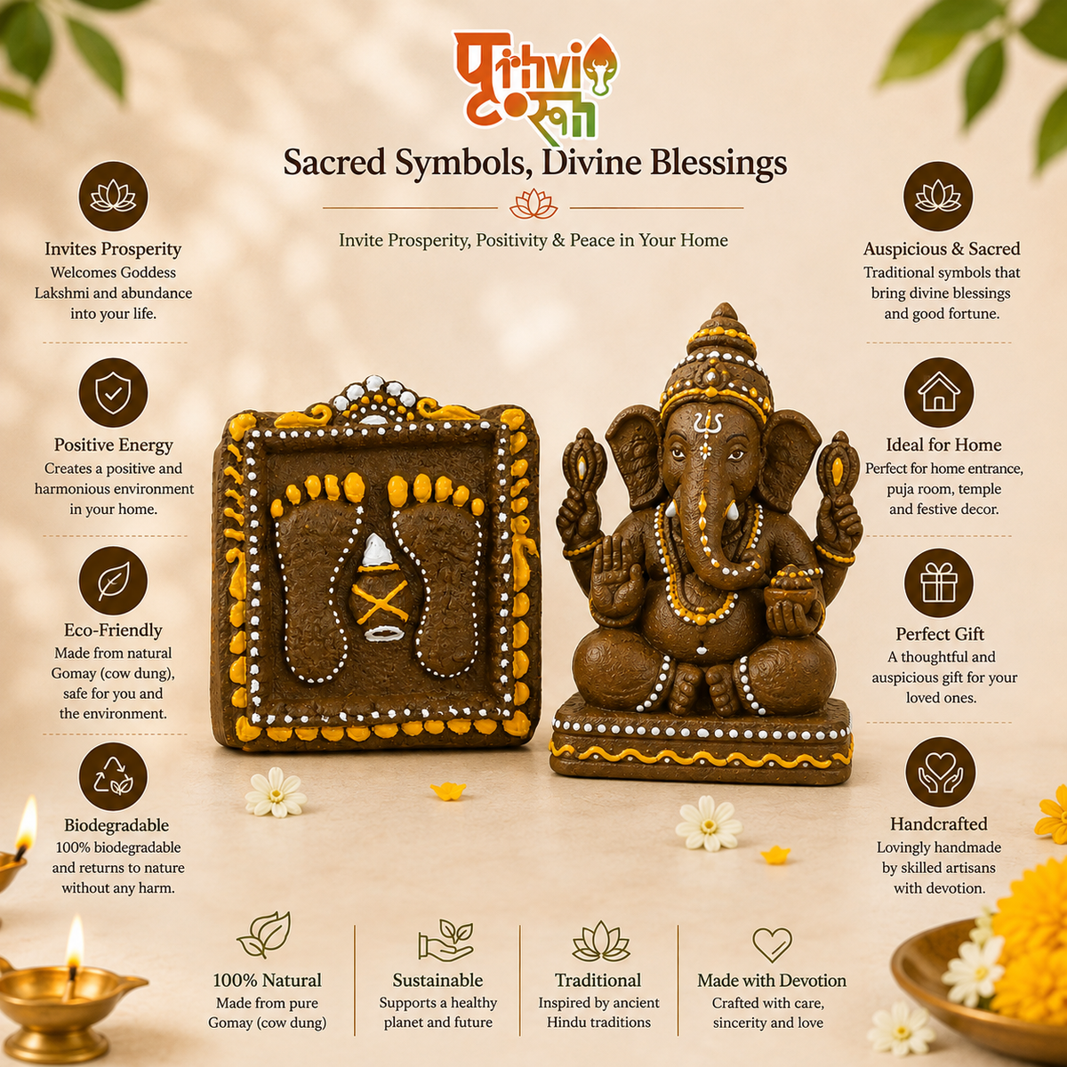 Prithvirooh Gomay Ganesha Idol (8.5") & Lakshmi Charan Paduka (3×3") Combo | Handcrafted Eco-Friendly Spiritual Gift Set