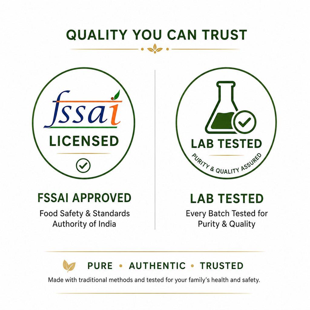 FSSAI licensed and lab tested labels for best desi cow ghee, ensuring quality and purity for family health.