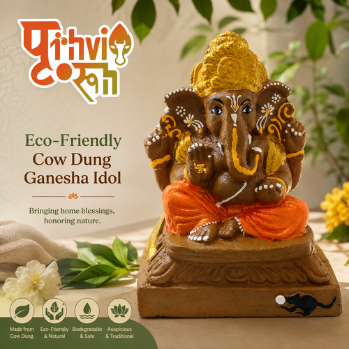 Eco-Friendly Cow Dung Ganesha Idol, 8.5-inch Ganesha idol for home, natural handcrafted decoration