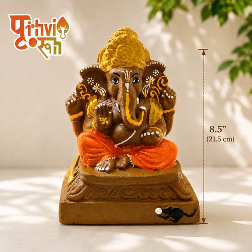 8.5-inch Prithvirooh Cow Dung Ganesha idol for home, handmade eco-friendly Ganesh Murti.