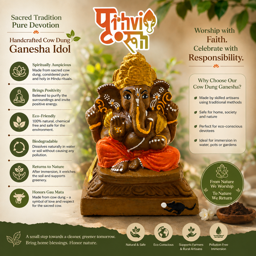 Handcrafted Cow Dung Ganesha Idol for home, 8.5-inch eco-friendly representation of Lord Ganesha.