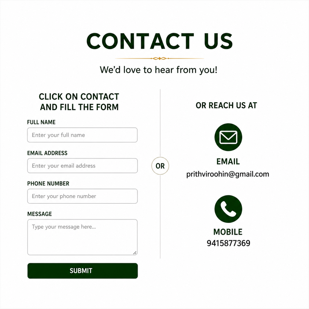 Contact form with fields for name, email, phone number, and message, inviting users to reach out.