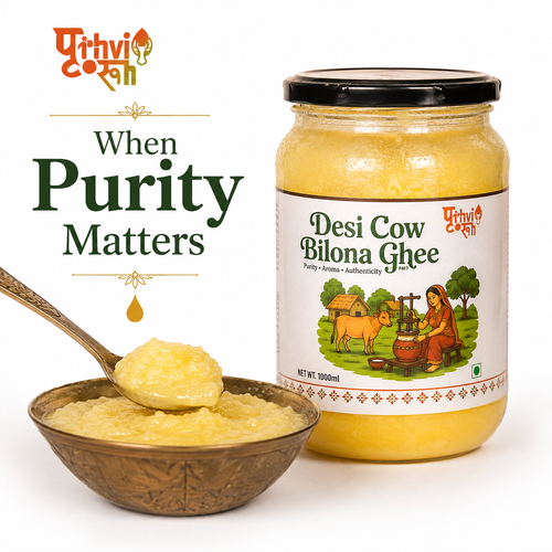 Best desi cow ghee in a jar with a wooden spoon, emphasizing purity and authenticity.